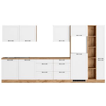 Lomadox Küchenzeile MONTERREY-03, Küchenblock Küchenmöbel, 360cm, weiß mit Eiche