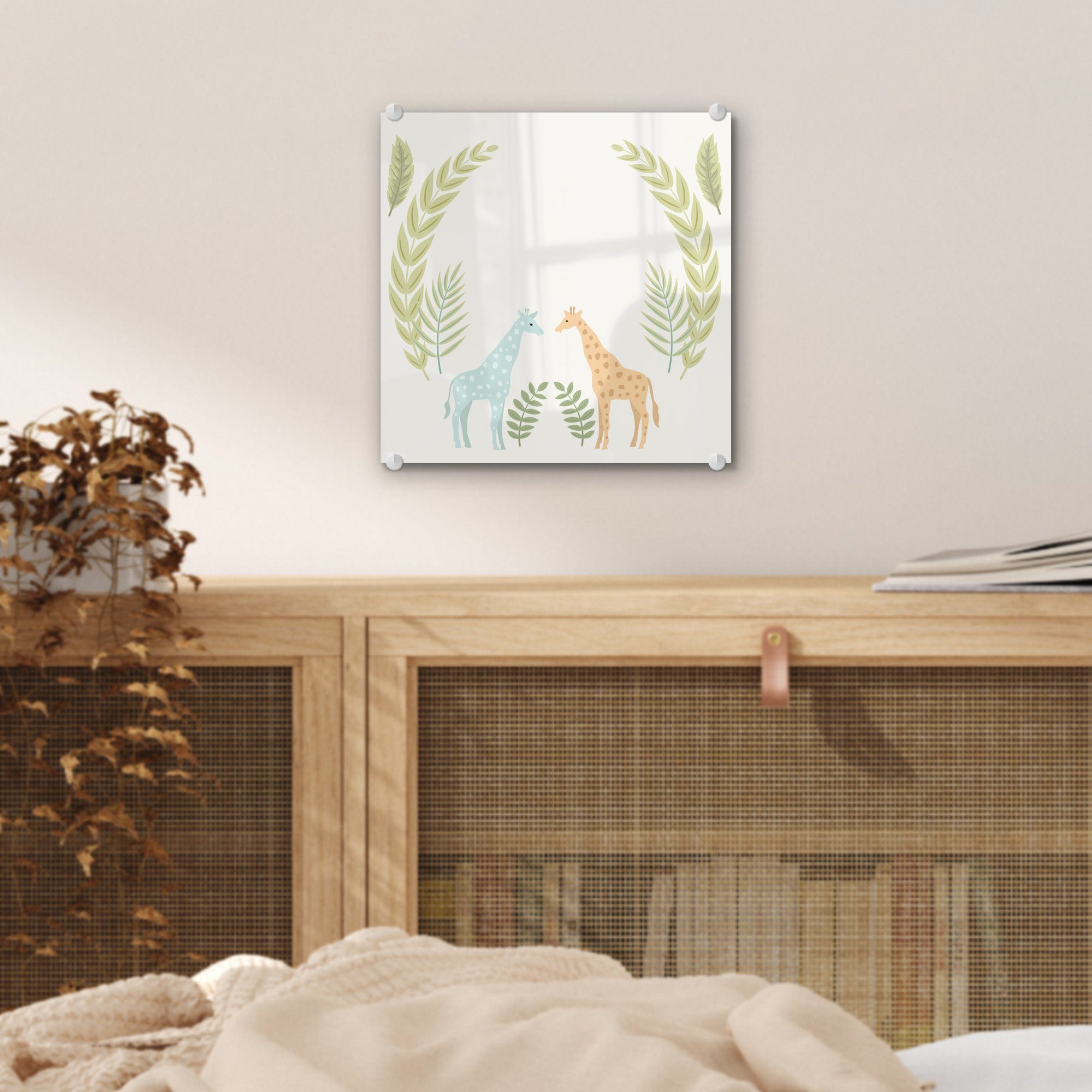 MuchoWow Acrylglasbild Illustration von Wanddekoration auf Glasbilder Giraffen auf St), (1 - und - Glas Pflanzen, Glas Wandbild Foto Bilder 