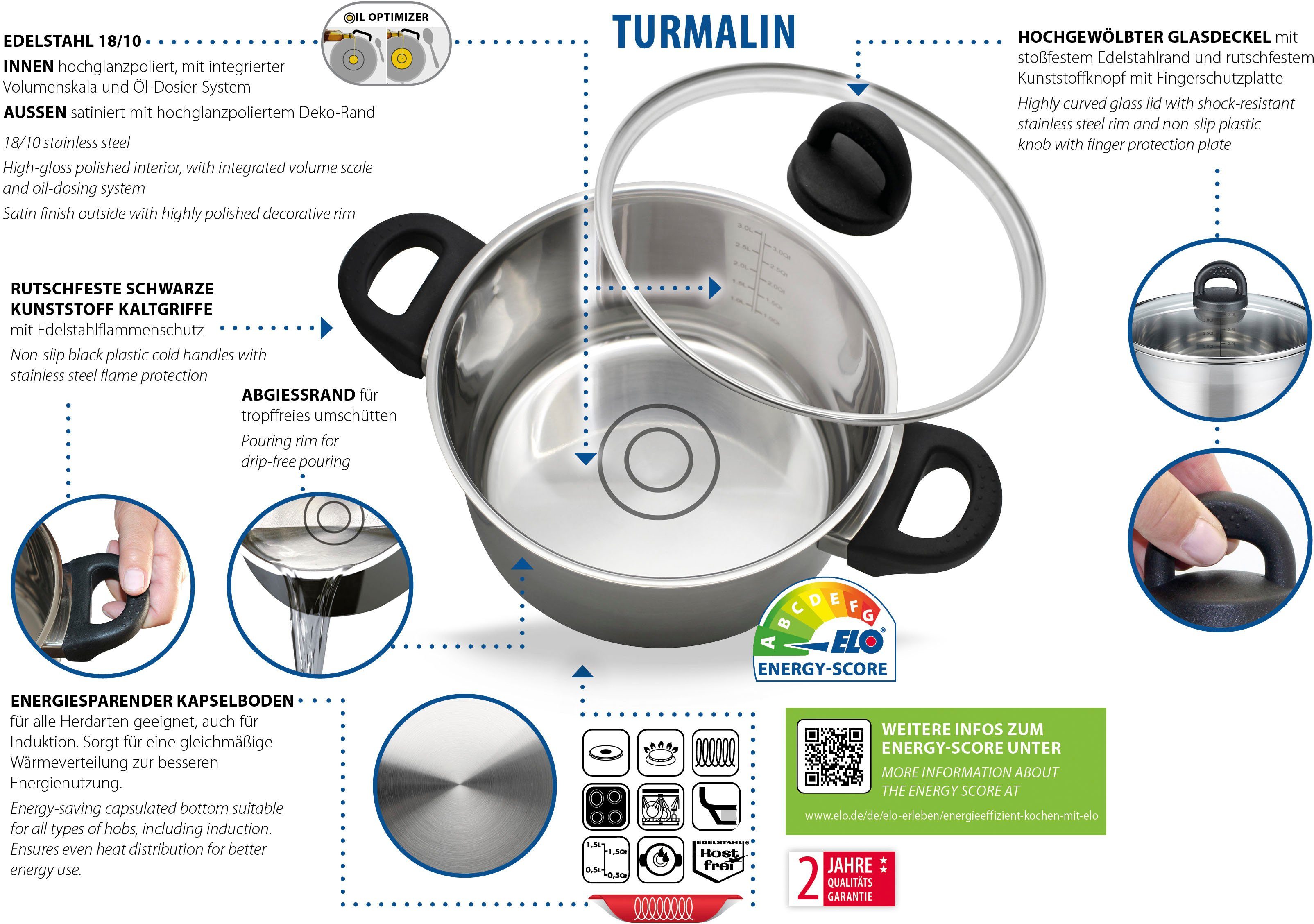 cm, (1-tlg), Turmalin, Dosierringe, 18/8 Öl 14 Induktion Edelstahl Elo Milchtopf Basic