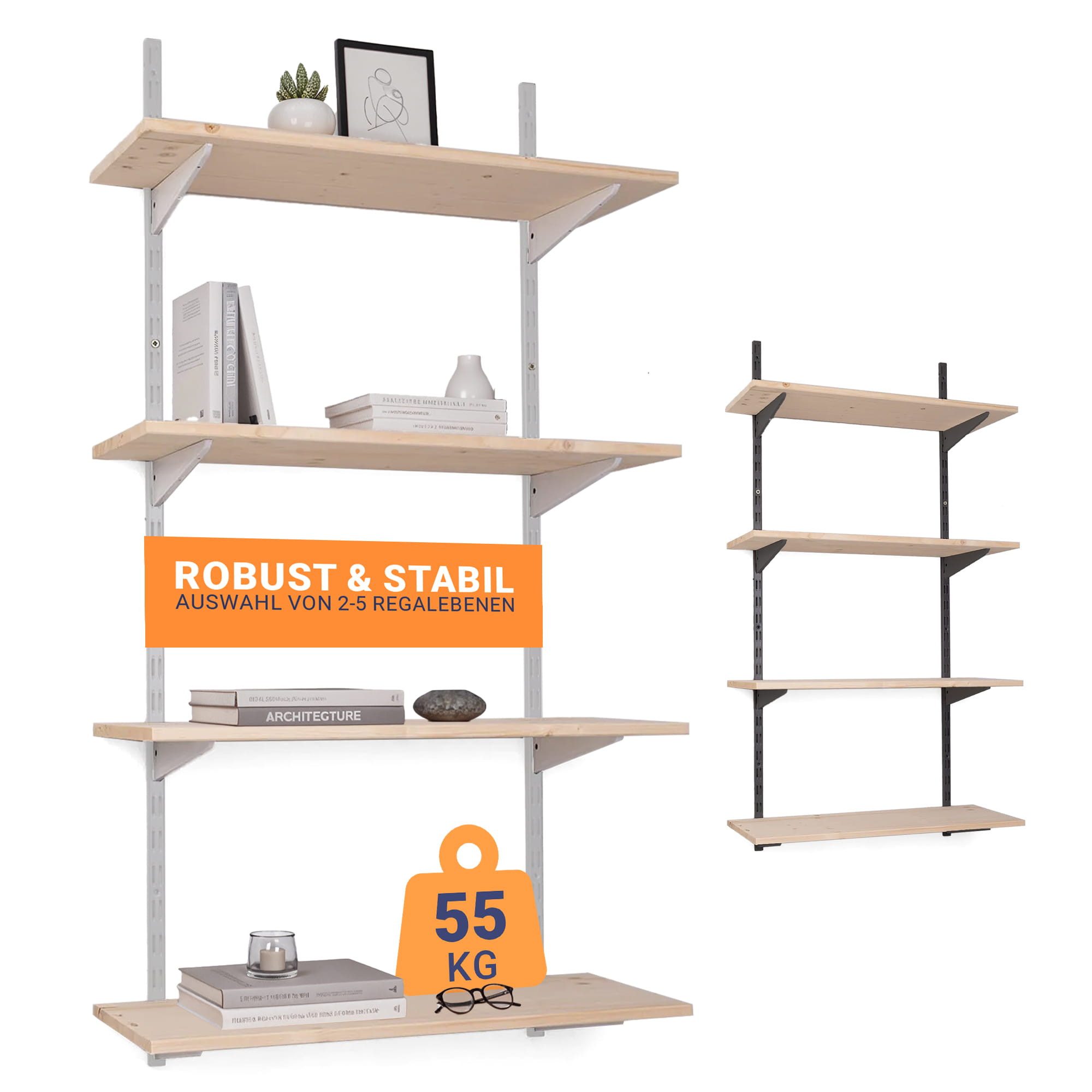BOOMET Wandregal Regal Bausatz weiß, 80 9-tlg., Wandboard Bücherregal Hängeregal Leimholz Holzboden