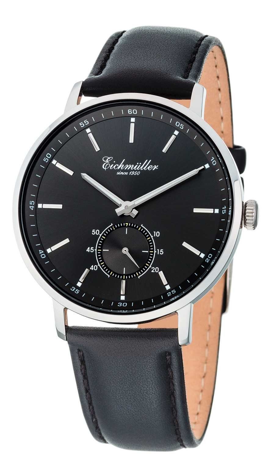 Eichmüller Quarzuhr Herrenuhr, Slim-Gehäuse 41 mm, Schwarzes Zifferblatt & 3038-01, Lederarmband, Klassische Armbanduhr für Business und Freizeit
