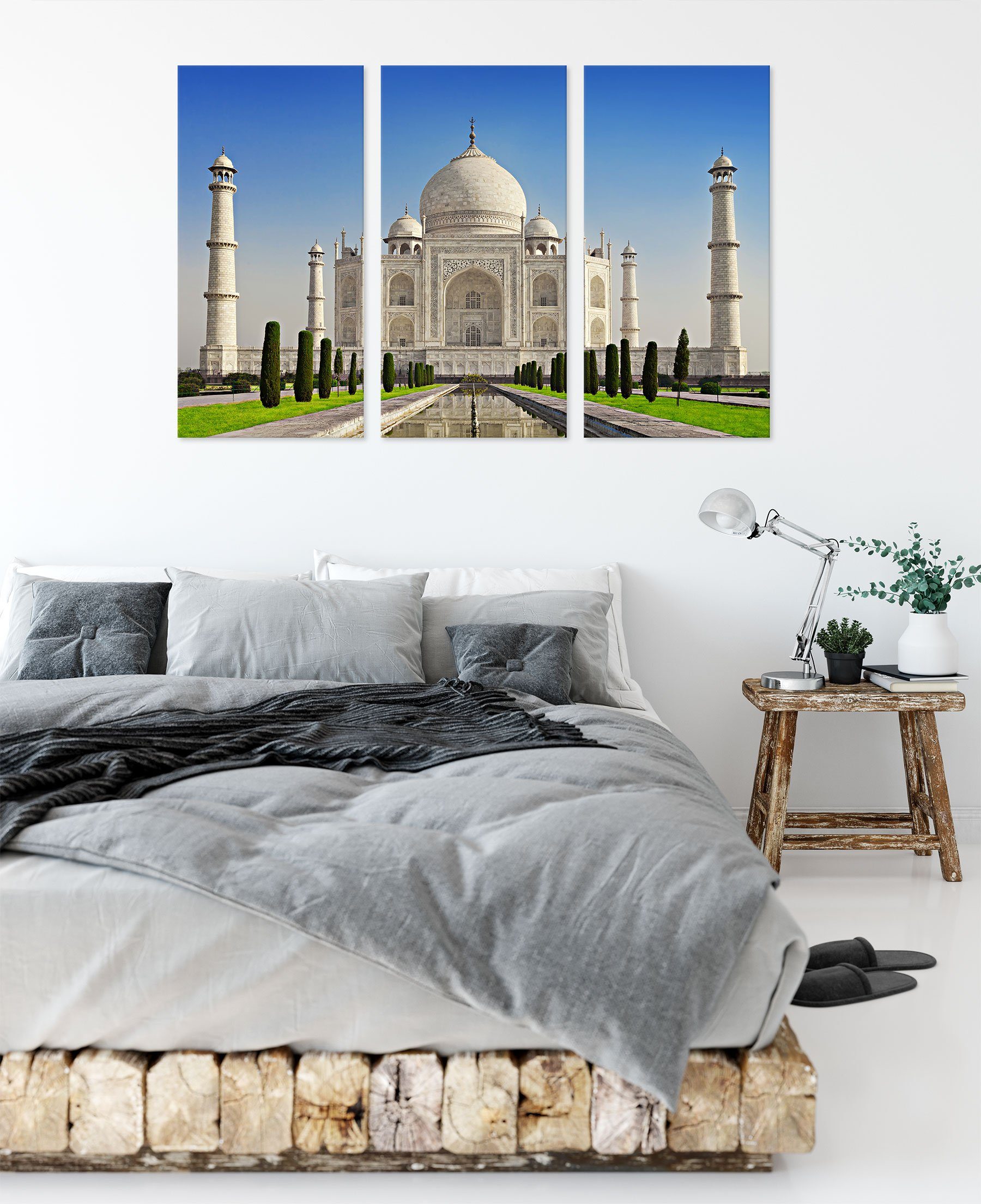 fertig Pixxprint bespannt, Leinwandbild Mahal, (1 Taj Mahal Gewaltiger Zackenaufhänger Leinwandbild 3Teiler St), Taj Gewaltiger inkl. (120x80cm)
