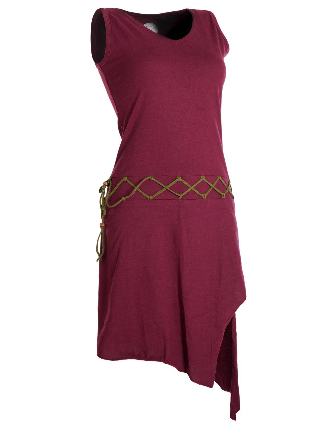 Beinausschnitt dunkelrot Ärmelloses Goa Vishes Boho, Gürtel-Schnürung Style asymmetrisch Elfen Sommerkleid Kleid Hippie,