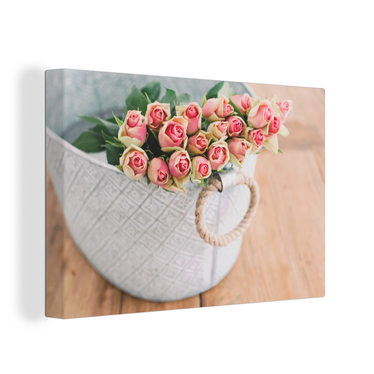 OneMillionCanvasses® Leinwandbild Rosen - Blumen - Korb, (1 St), Wandbild Leinwandbilder, Aufhängefertig, Wanddeko, 30x20 cm