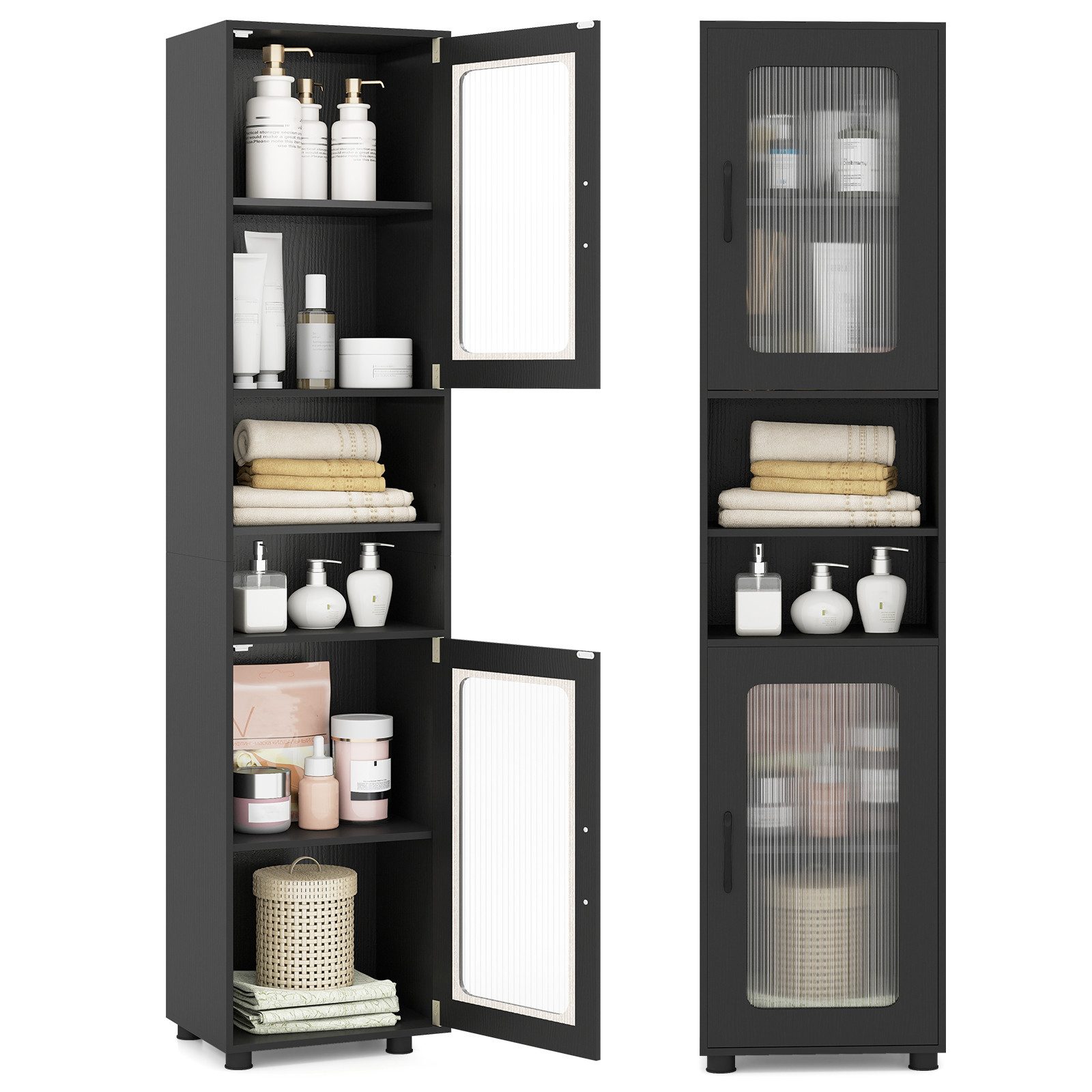 COSTWAY Badkommode, Hochschrank Badezimmer mit 2 Glastüren 170cm weiß