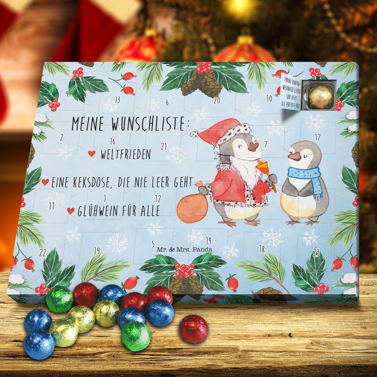Nikolaus, Adventskalender (1-tlg) Mrs. Mr. Win - Geschenk, & Panda Adventskalender, - Wunschliste Weiß Pinguin