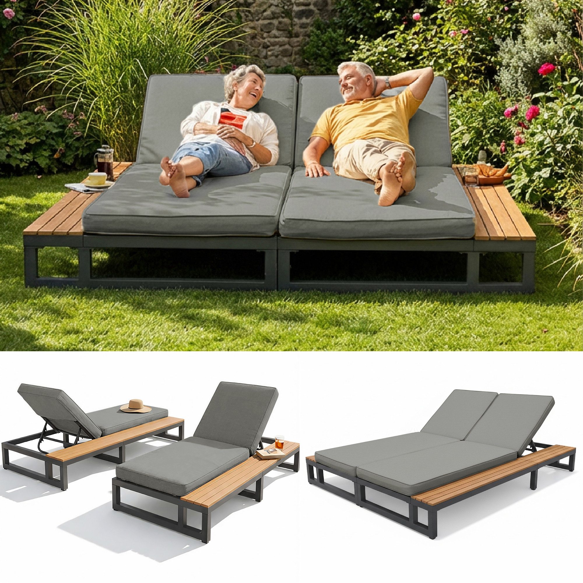 Odikalo Gartenlounge-Set Gartenmöbel Schlafsofa,gartenmöbel set, (Multifunktionales wasserdichtes Sofabett, Doppel-Liegebett mit Regalen, Verstellbarer Rückenlehnenwinkel)