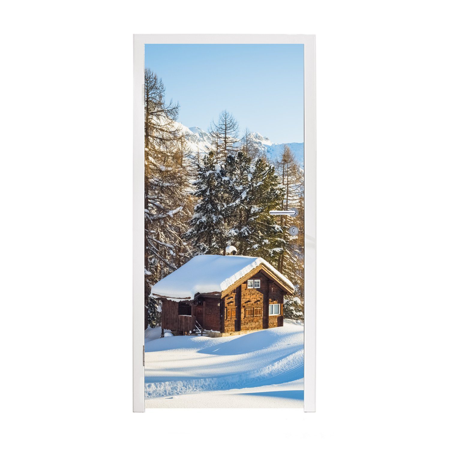 MuchoWow Türtapete Hütte in den Bergen der Schweiz im Winter, Matt, bedruckt, (1 St), Fototapete für Tür, Türaufkleber, 75x205 cm | Türtapeten