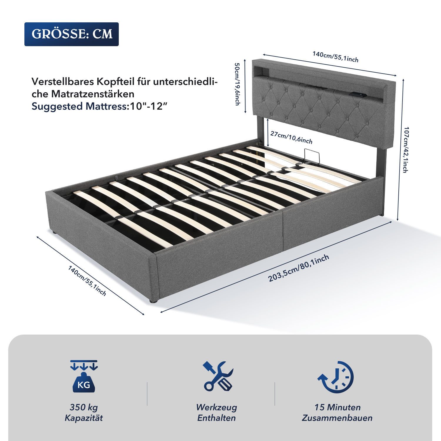 oyajia Polsterbett Doppelbett mit LED Licht 140x200cm,Hydraulisch anhebbare günstig online kaufen
