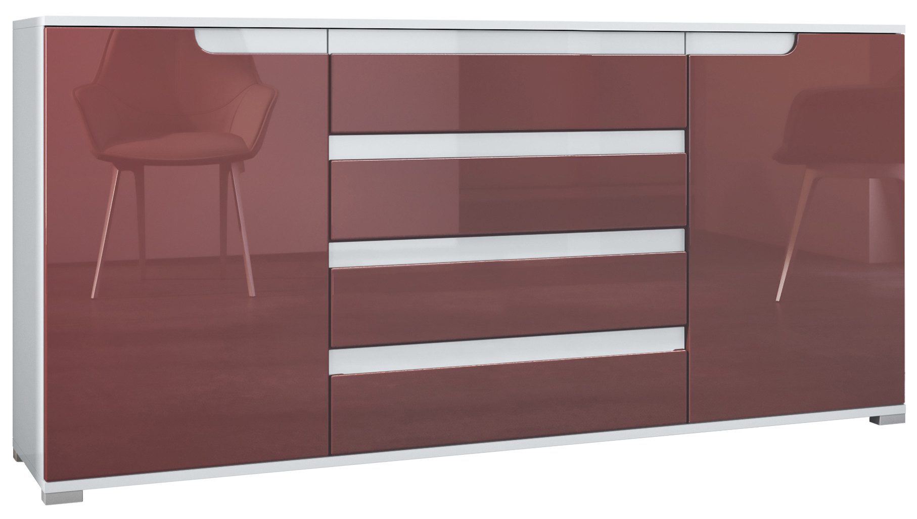 Vladon Sideboard Sylt V2 (Kommode mit 2 Türen und 4 Schubladen, Korpus - Weiß matt / Front - Bordeaux Hochglanz), Absetzung - Weiß Hochglanz (166,5 x 75,5 x 35 cm)