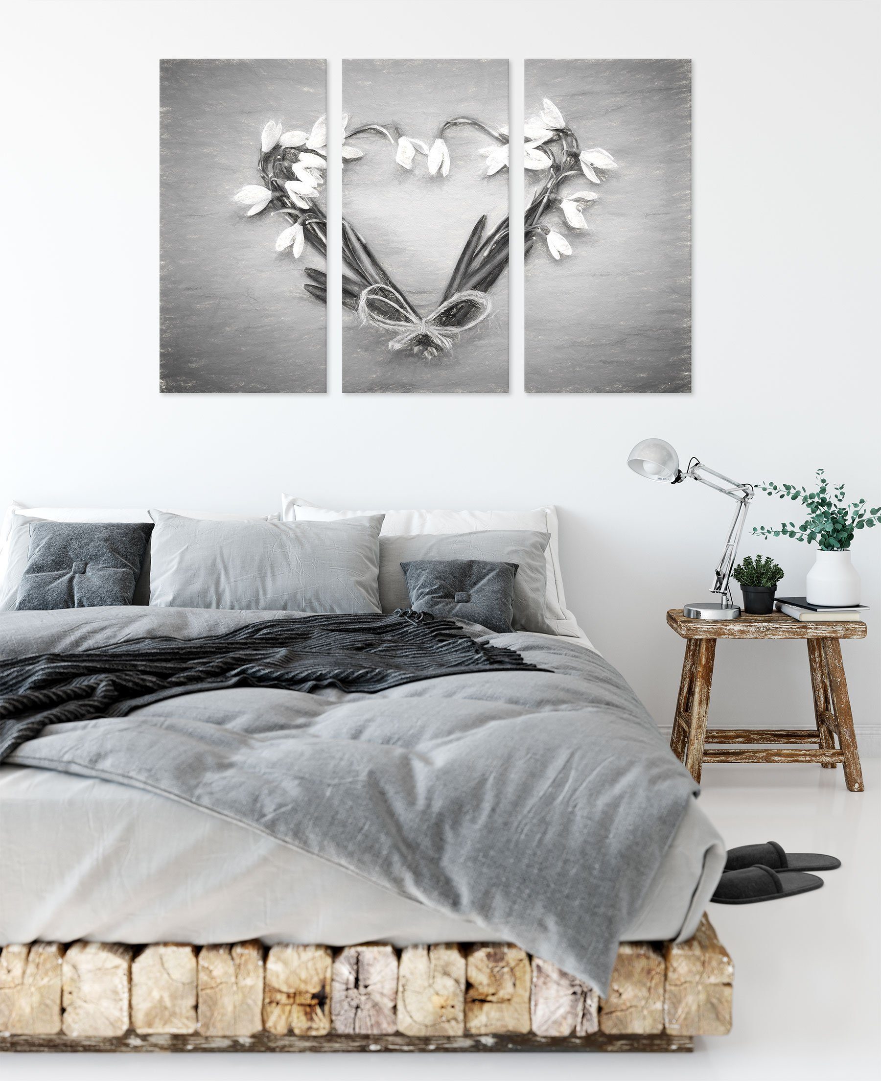 Kunst Pixxprint Leinwandbild St), aus Herz (120x80cm) (1 Blumen Kunst, Zackenaufhänger 3Teiler aus inkl. Blumen fertig bespannt, Leinwandbild Herz