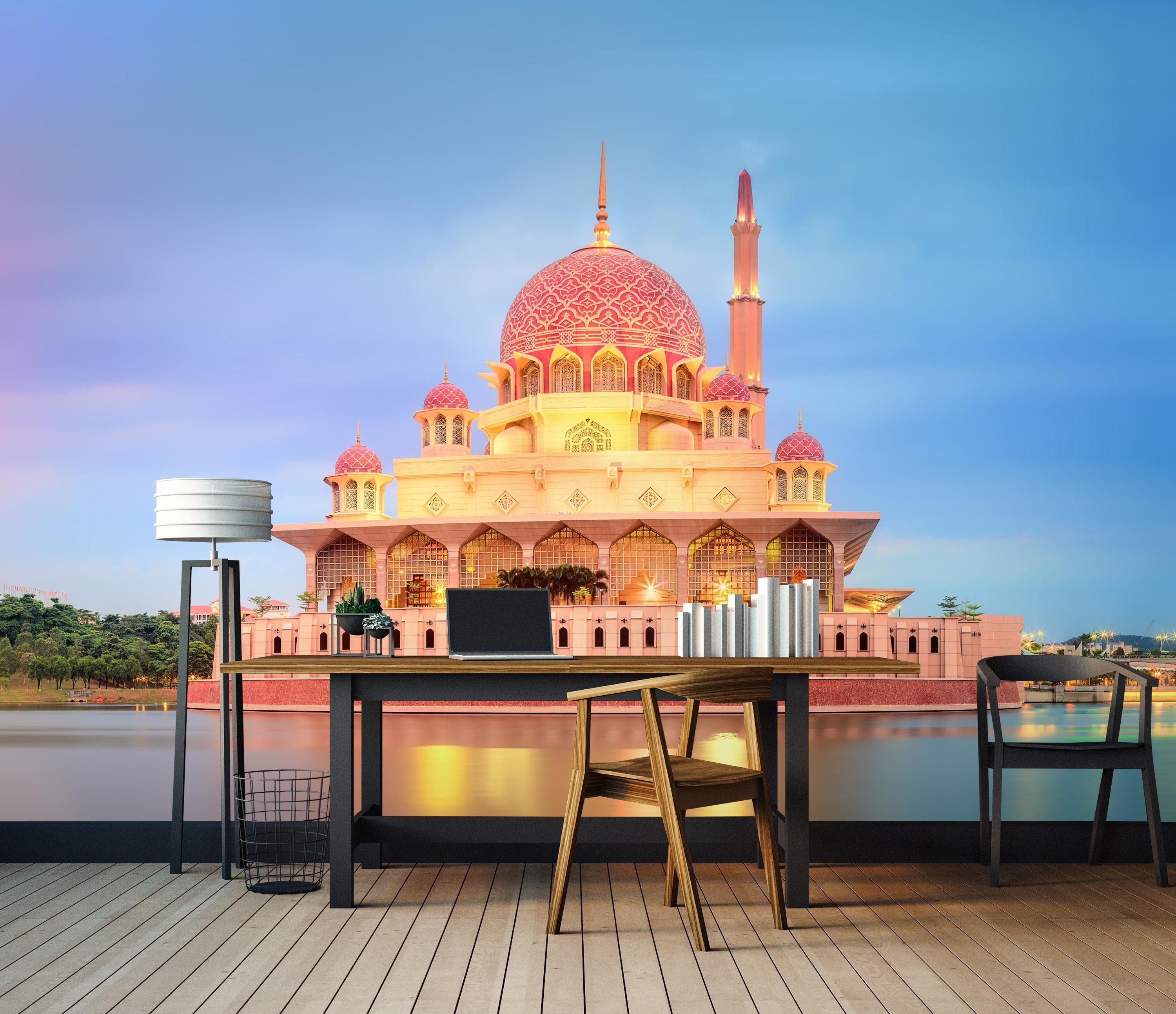 Putrajaya-Moschee, matt, Sonnenuntergang Fototapete glatt, wandmotiv24 Motivtapete, Wandtapete, Vliestapete