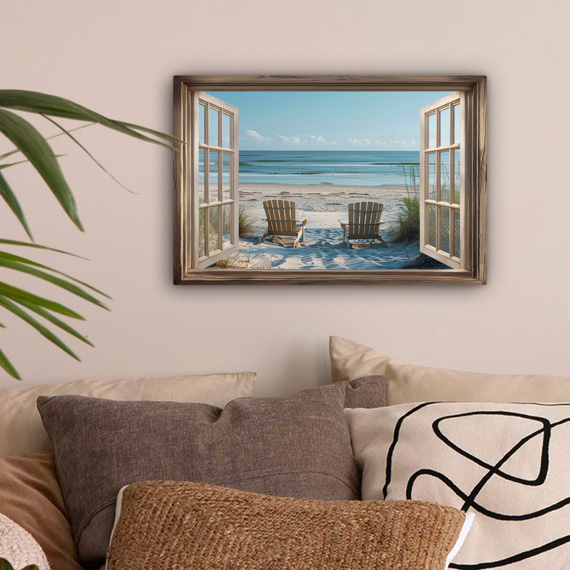 OneMillionCanvasses® Leinwandbild Fensterblick - Fenster - Strandkörbe - Dü günstig online kaufen