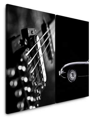 Sinus Art Leinwandbild 2 Bilder je 60x90cm Schwarz Weiß Oldtimer Ferrari Gitarre Musik Supercar