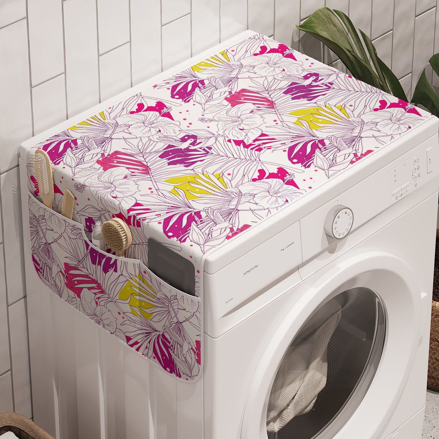 Abakuhaus Badorganizer Waschmaschine Tropisch Palmenblätter mit Trockner, Der und Anti-Rutsch-Stoffabdeckung Hibiscus für