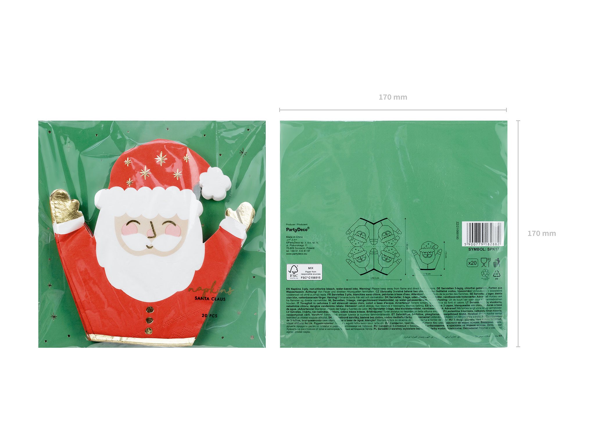 partydeco Papierserviette, Servietten Weihnachtsmann 16x15cm 20 Stück Weiß / Rot / Gold
