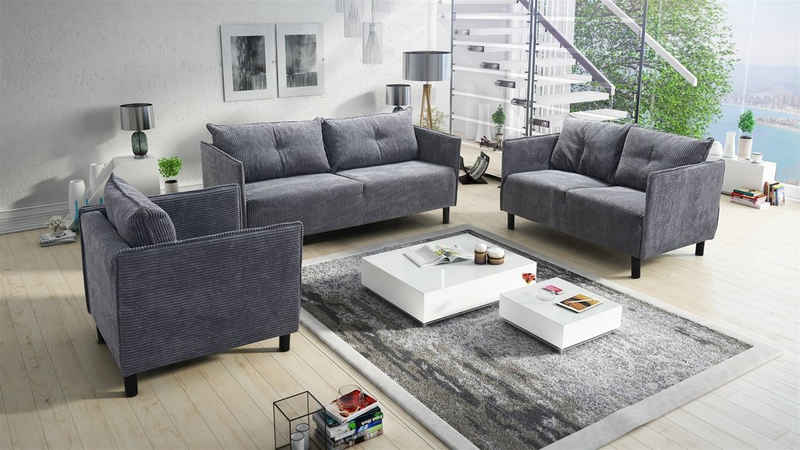 Fun Möbel Polstergarnitur Sofaset Designersofa DECLAN 3-2-1 in Stoff, (inkl. 5 Rückenkissen, 3-tlg), Rundumbezug