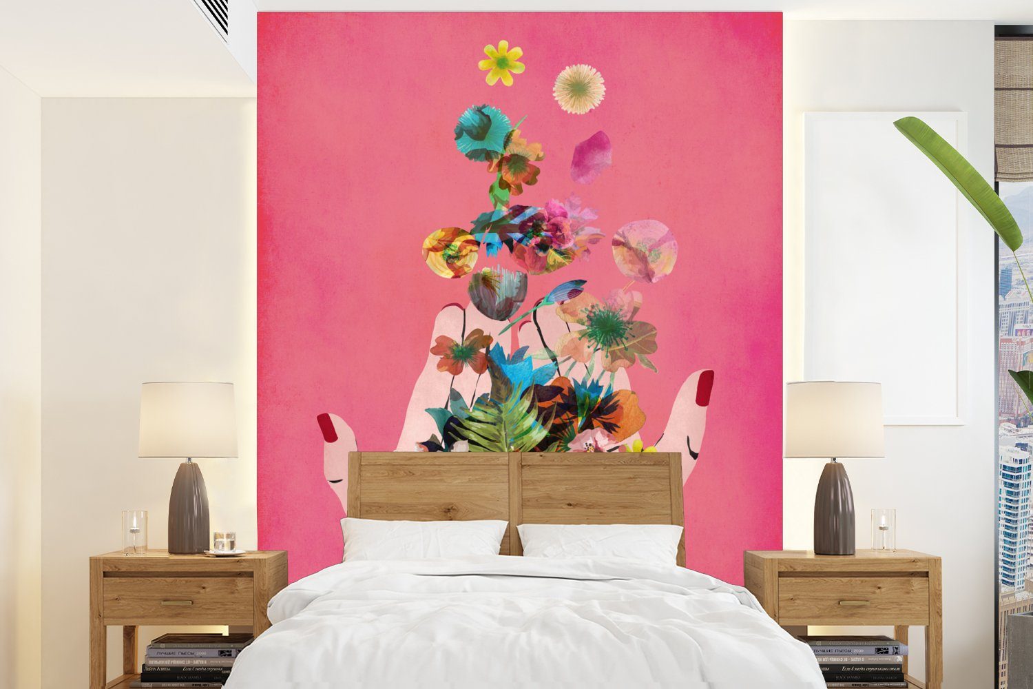 MuchoWow Fototapete Blumen - Abstrakt - Rosa - Kunst, Matt, bedruckt, (4 St), Montagefertig Vinyl Tapete für Wohnzimmer, Wandtapete