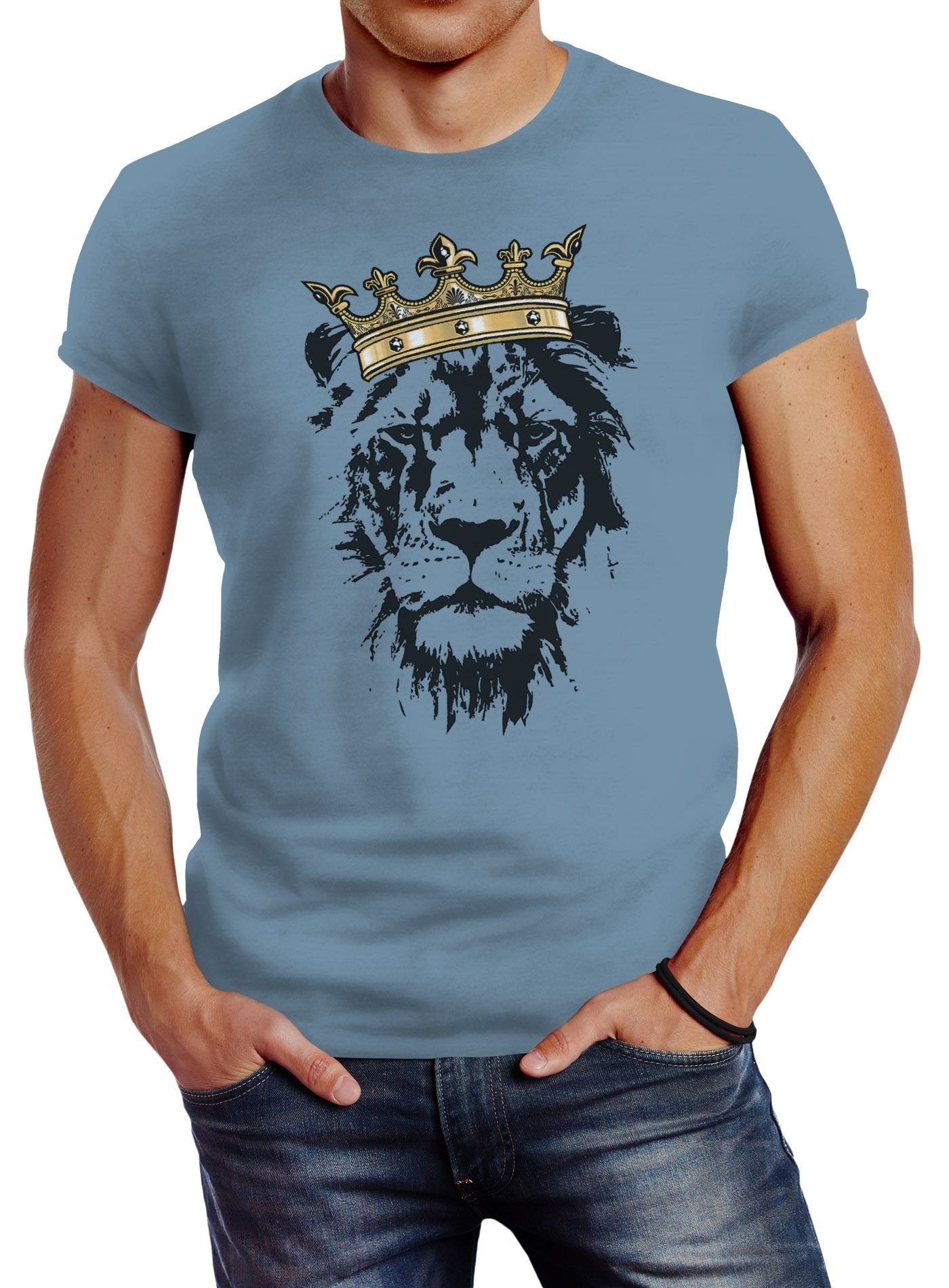 Neverless Print-Shirt Herren Fit mit T-Shirt Tiere Krone Slim Neverless® der blau König Print Löwen-Kopf mit
