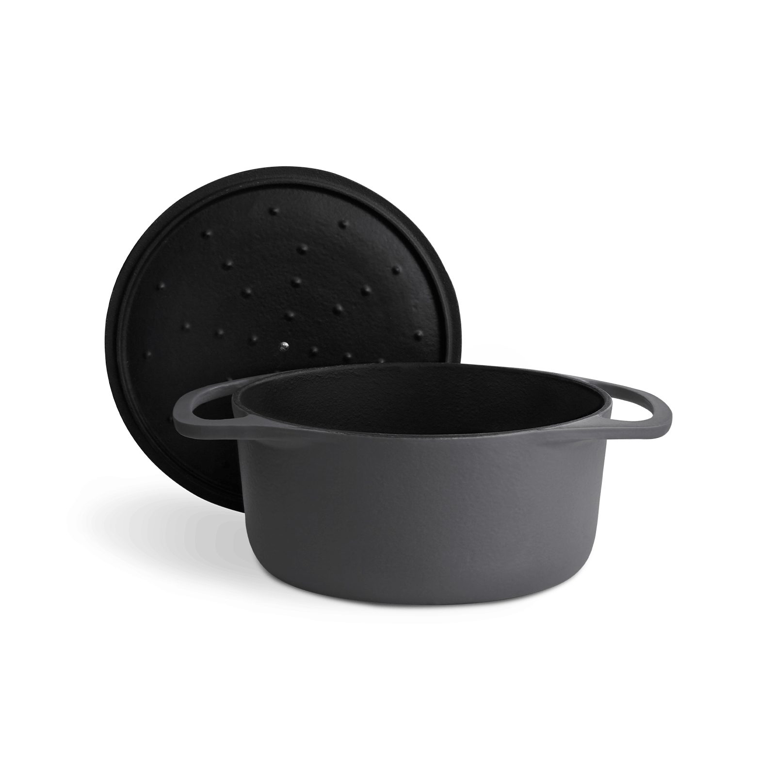 Springlane Bräter Cocotte Grau mit Deckel, Gusseisen, 4 L, Ø 24cm, Rund, Gusseisen emailliert, Edelstahl, Ideale Feuchtigkeitsverteilung durch Tropfenstruktur