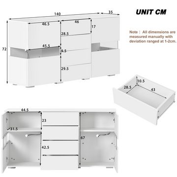 Flieks Sideboard (1 St., mit 2 Türen und 4 Schubladen), Kommode mit LED Schrank Anricht 140*35*72cm, Weiß