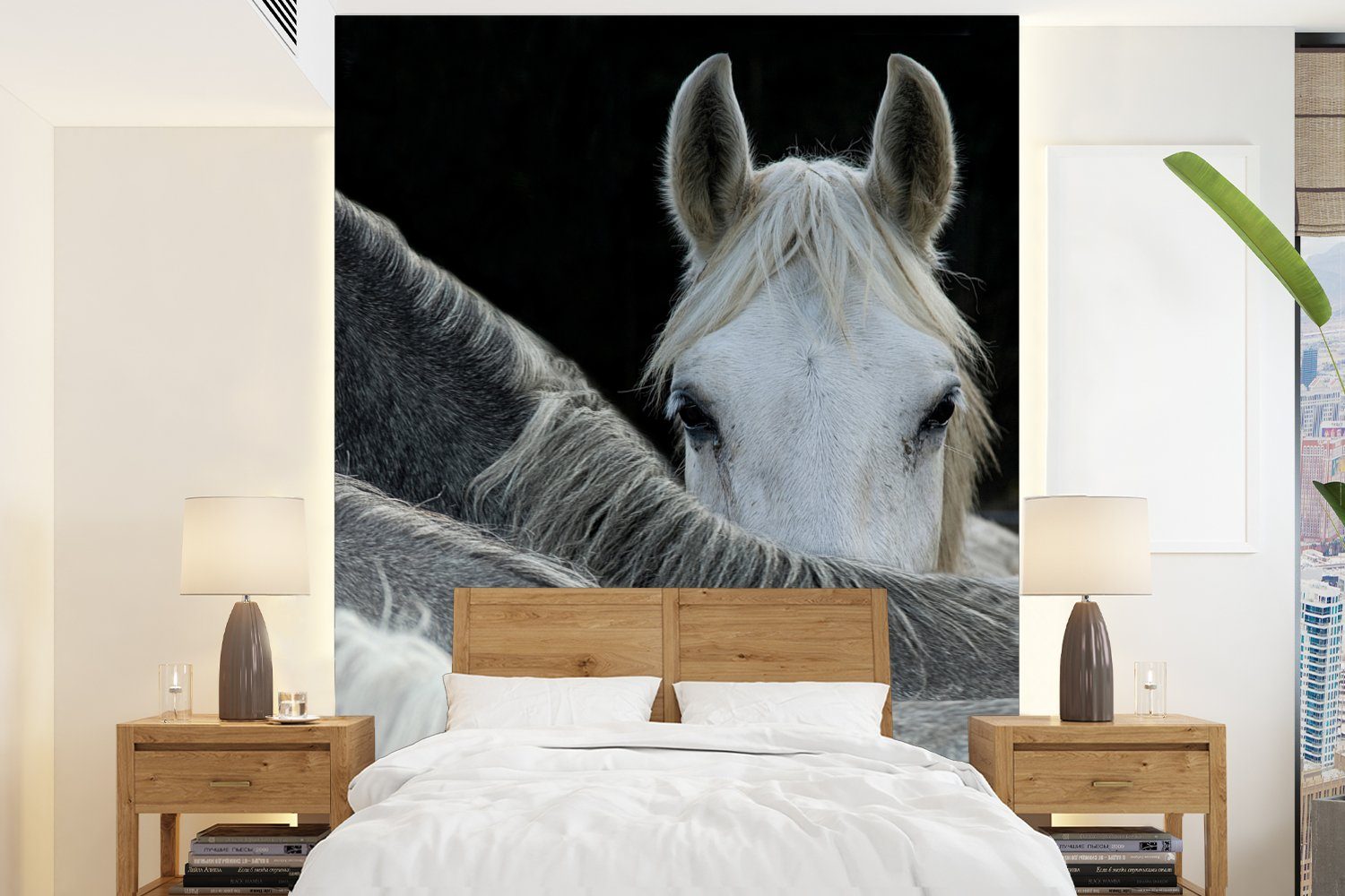 MuchoWow Fototapete Pferde - Tiere - Schwarz - Weiß, Matt, bedruckt, (4 St), Montagefertig Vinyl Tapete für Wohnzimmer, Wandtapete