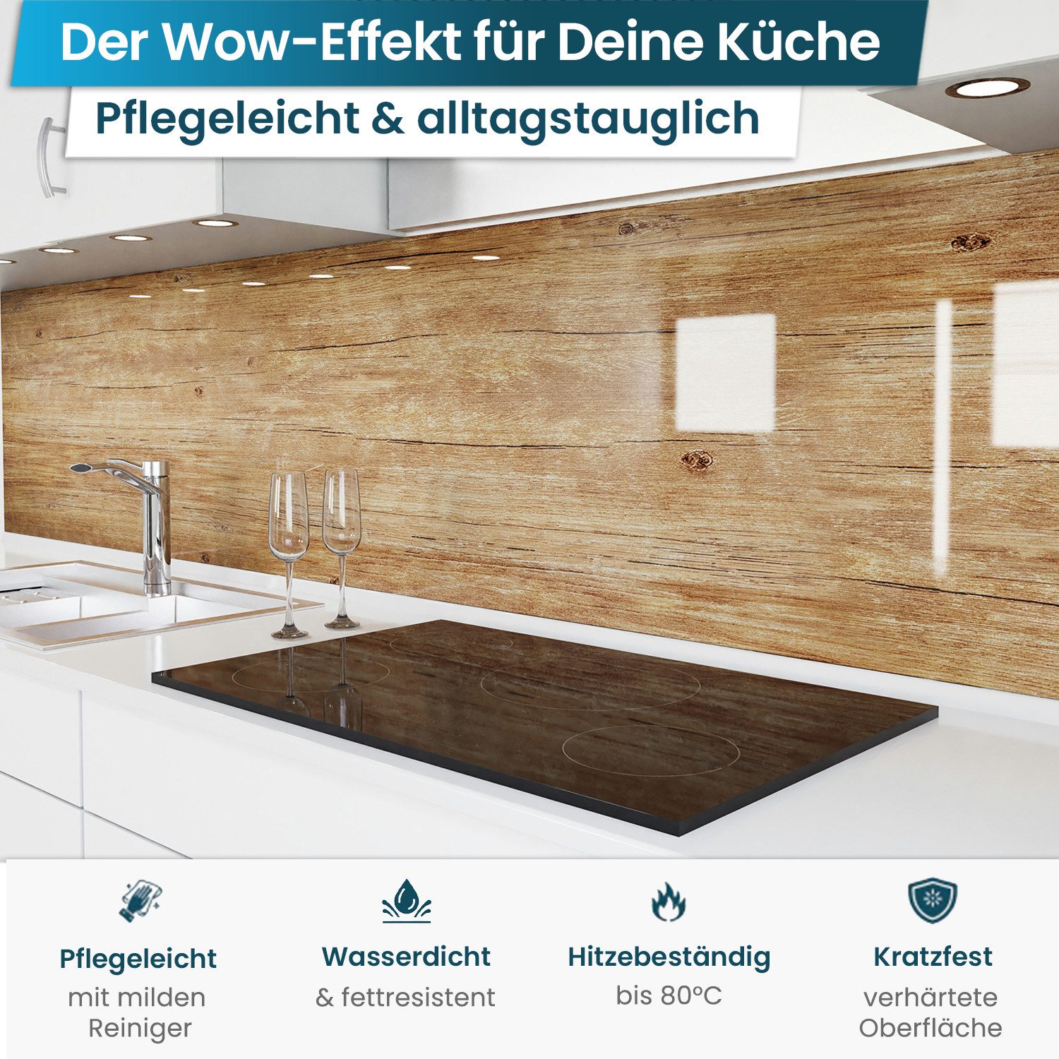 danario Küchenrückwand Folie selbstklebend, Glasoptik, Spritzschutz Küche, ablösbar - 0,8 mm
