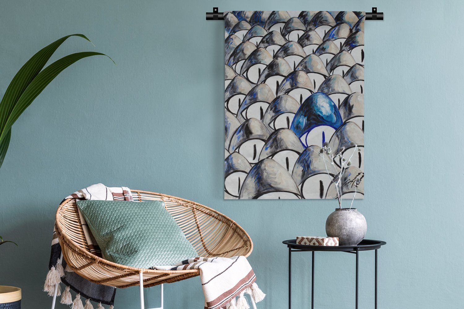 Schlafzimmer Deko Blau Wanddekoobjekt Tapisserie, Wohnzimmer, Augen der für Grau Wand, - - MuchoWow Abstrakt, an -