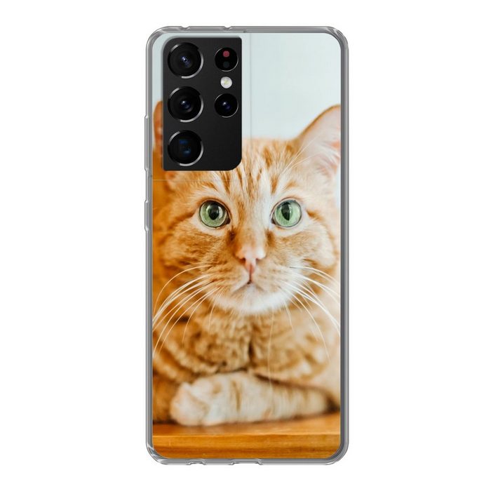 MuchoWow Handyhülle Katze - Holz - Schrank Phone Case Handyhülle Samsung Galaxy S21 Ultra Silikon Schutzhülle