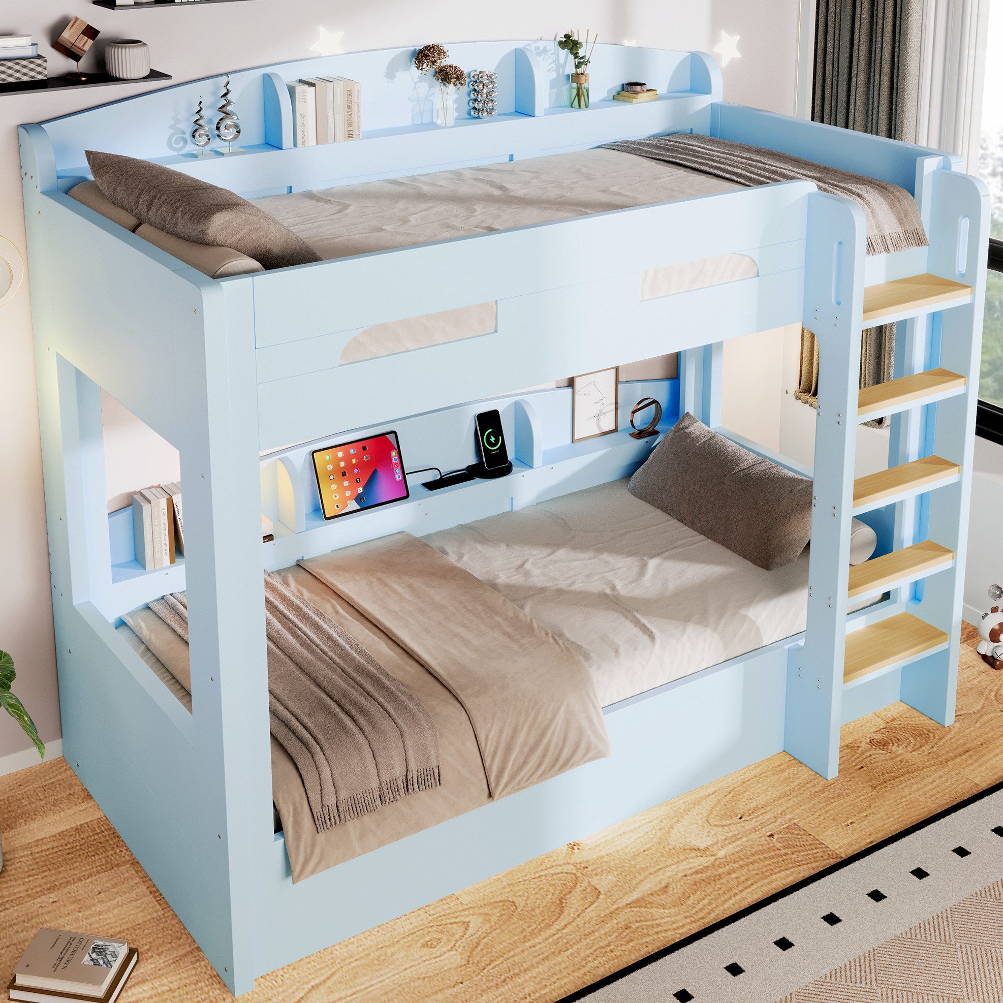 MODFU Hochbett Jugendbett mit integriertem Unterbett und Ablageflächen (Packung, 1-St., Bett mit USB Steckdose und modernen Details, ohne Matratze) Multifunktionsbett 90x200 cm Hellblau mit Stauraumbereich