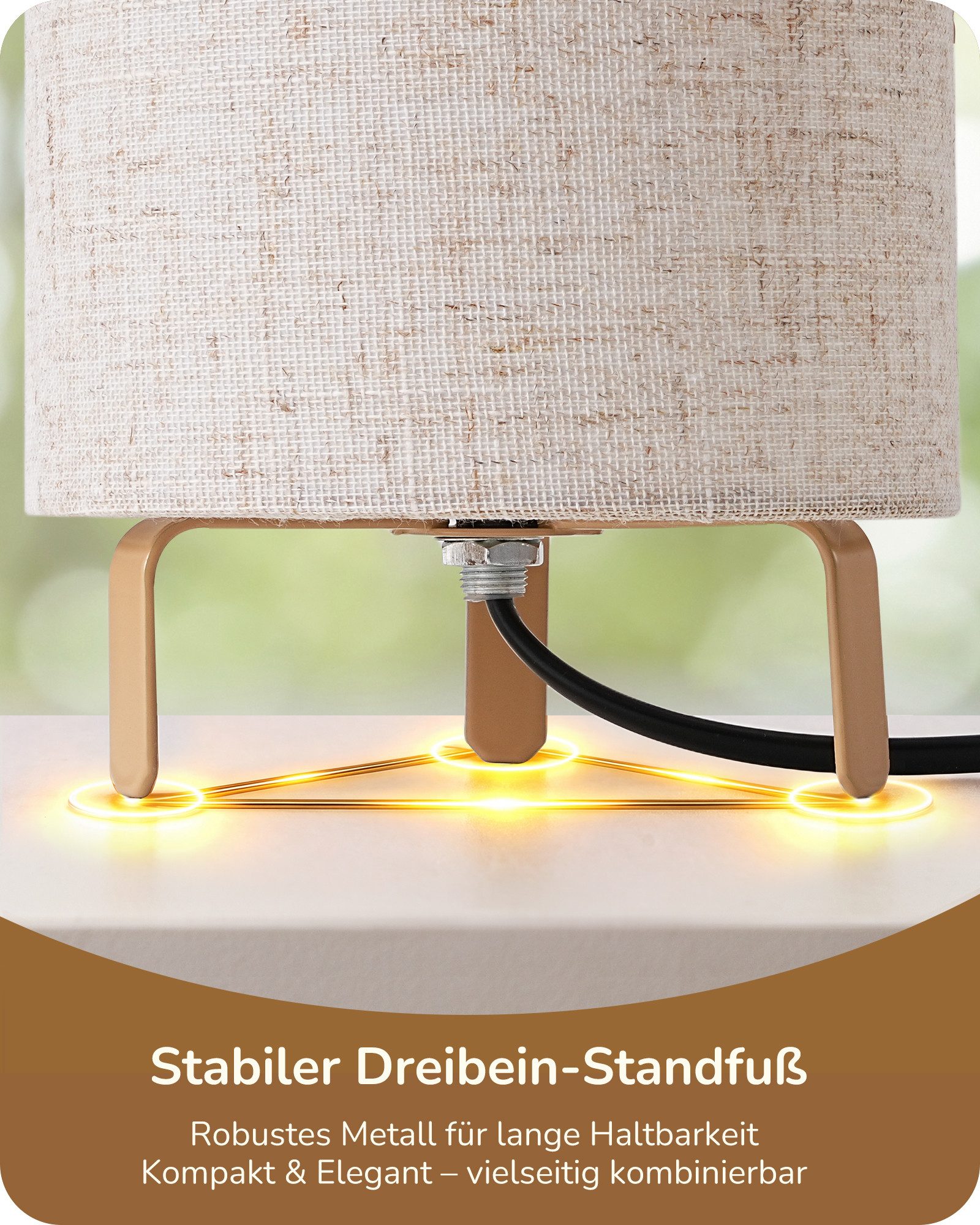 EDISHINE LED Nachttischlampe EDISHINE Nachttischlampen 2er-Set, inkl. 4W LED Leuchtmittel, LED wechselbar, Tageslichtweiß, Moderne Tischlampe mit Metallgestell, – Bild 4 von 5