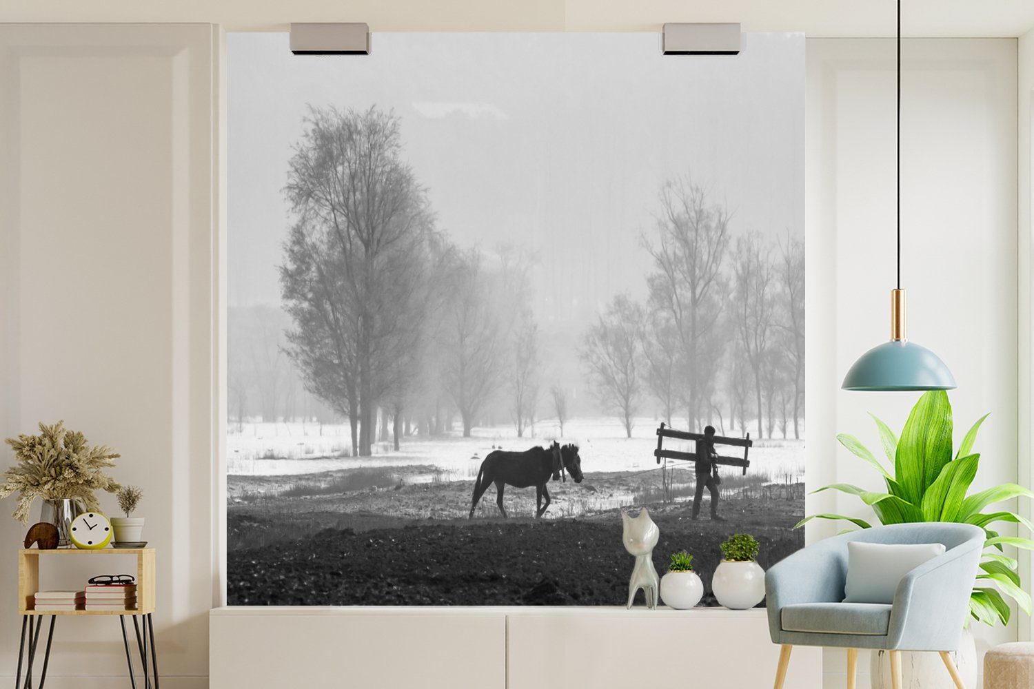 (4 Pferd für Vliestapete Fototapete St), Küche, Schlafzimmer - bedruckt, Wohnzimmer Fototapete Bauernhof Matt, Schnee, MuchoWow -
