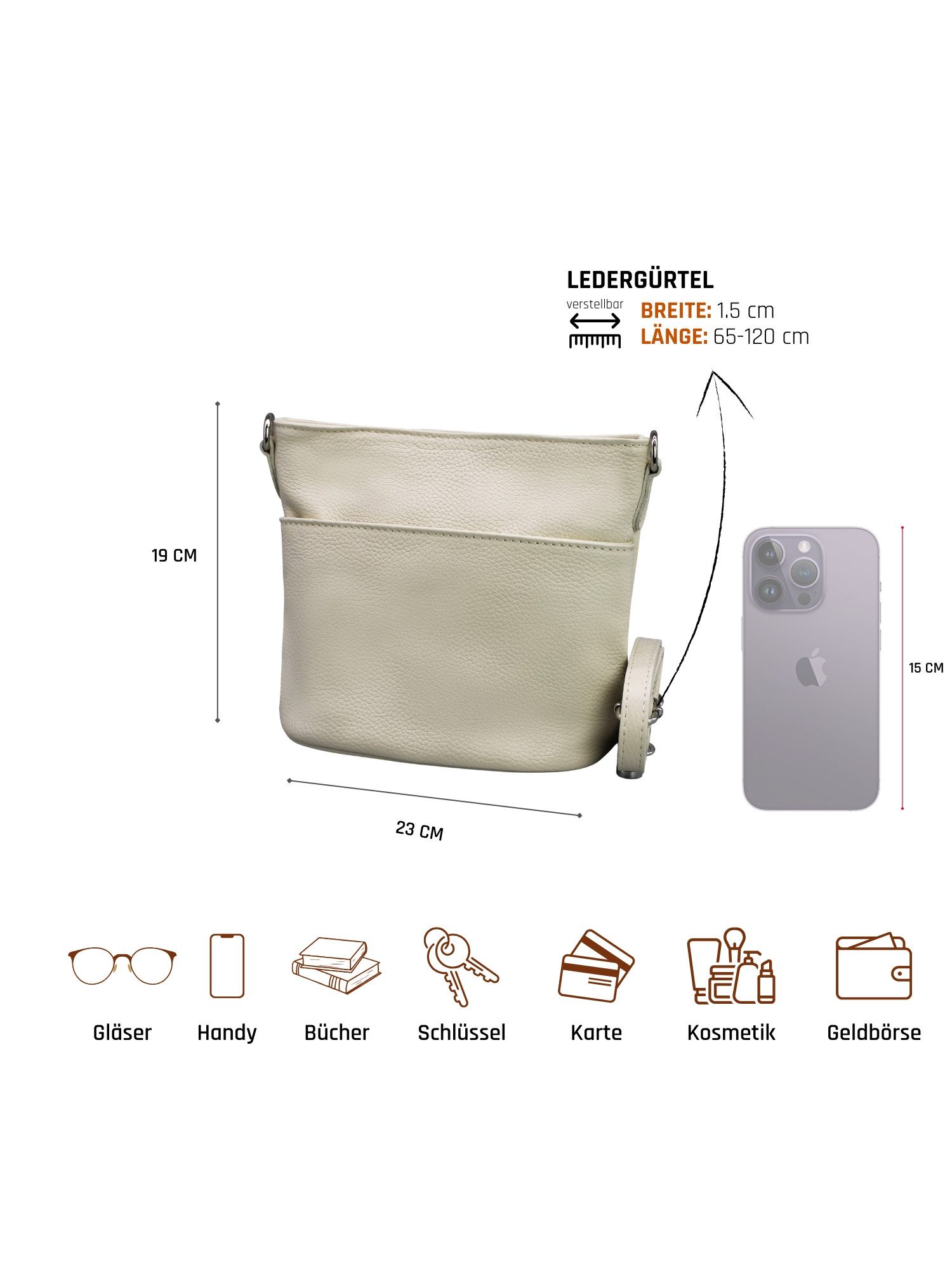 Adel Bags Schultertasche LINA Umhängetasche für Damen, Schultertasche Echtleder Gürteltasche