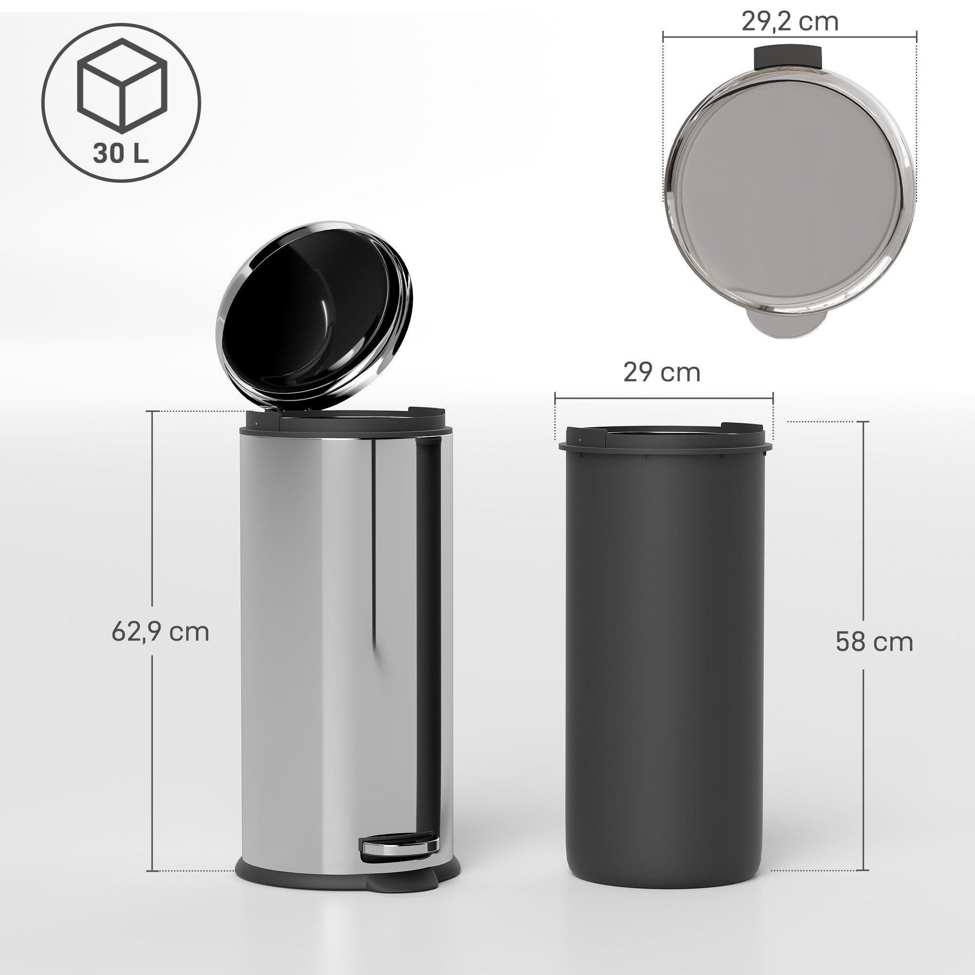HOMCOM Mülleimer Treteimer mit Inneneimer Abfalleimer Pedal-Mülleimer Klappdeckel, Silber Ø29,2 x 62,9 cm