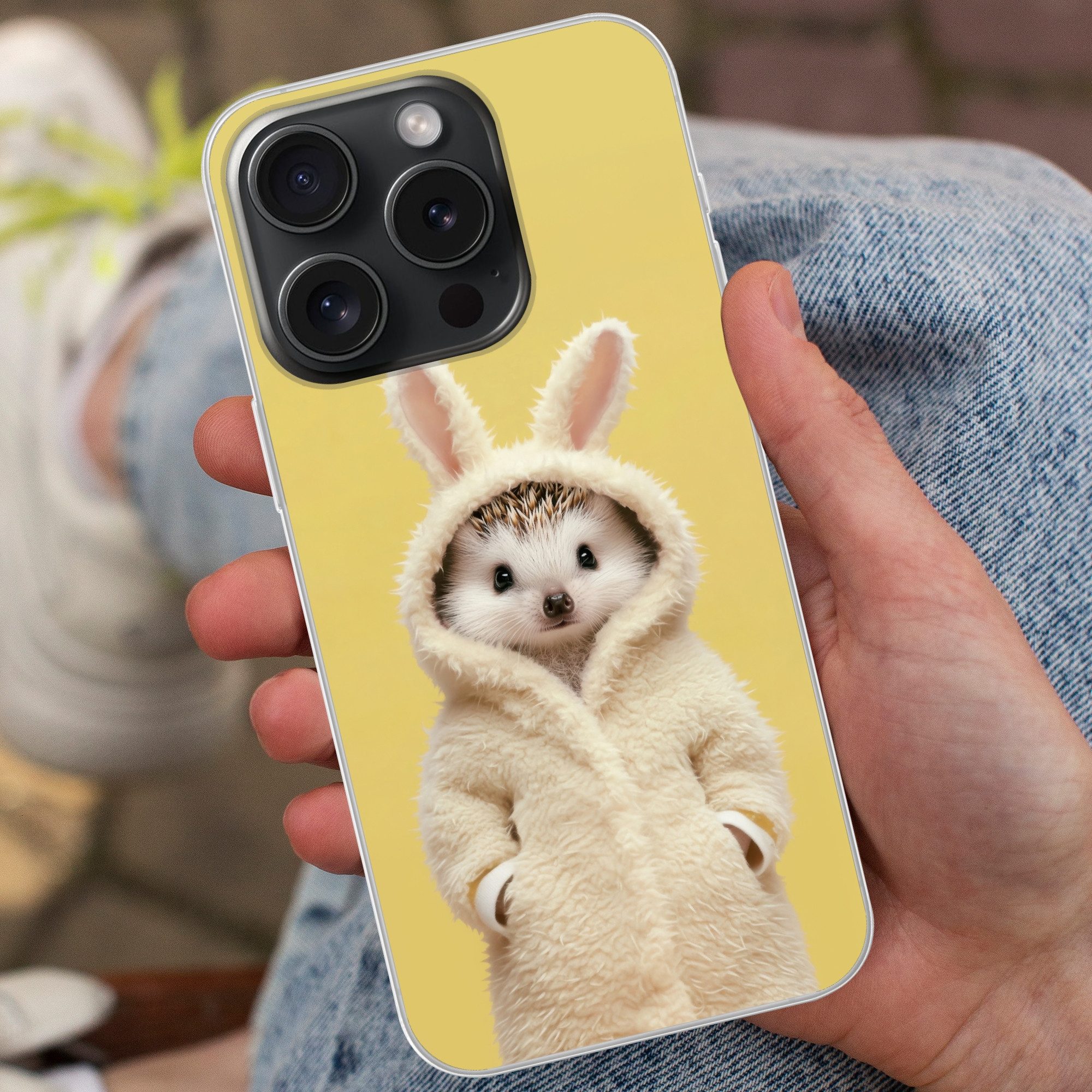 MuchoWow Handyhülle für Apple iPhone 15 Pro Igel - Osterhase - Kostüm, Smartphone-Bumper, Print, Handy Schutzhülle Dünn