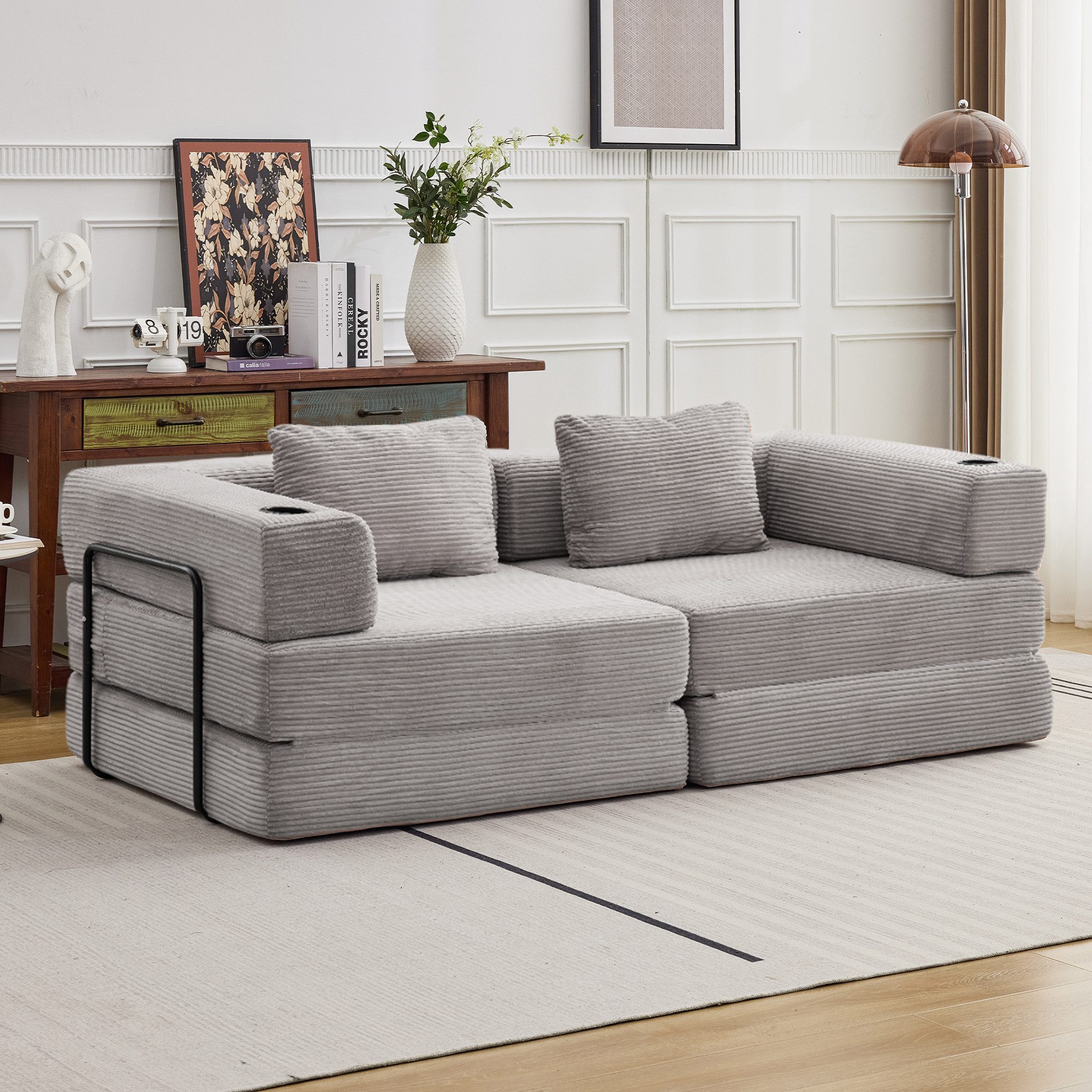 Vankel Sofa Sofas Wohnzimmer, Schlafsofa aus Cord mit Bettfunktion, Faltbares Bodensofa mit Liegefunktion für kleine Räume