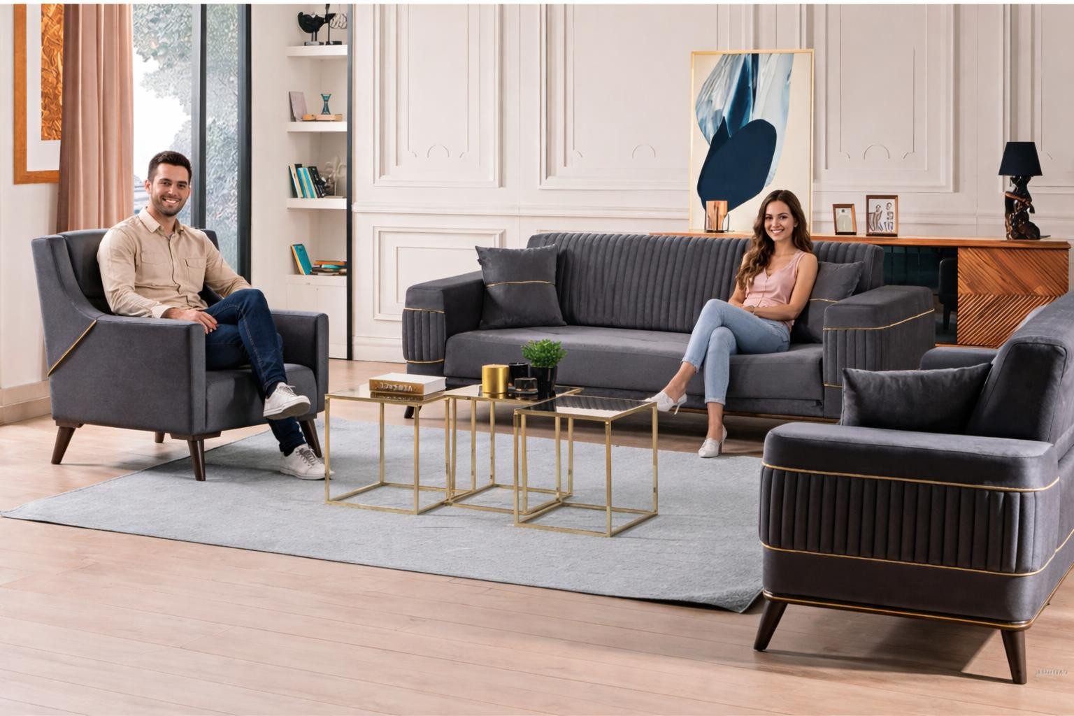 JVmoebel Sitzgruppe Sofaset mit Sesseln und modernen Goldakzenten hochwertige Möbel, (3-tlg)