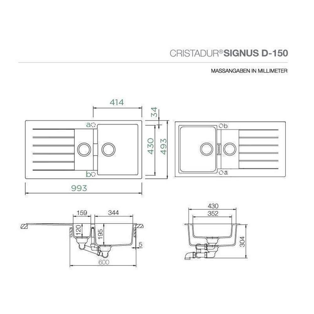 Signus cm Granitspüle Cristadur 99,3/49,3 einbaubar, Silverstone FB flächenbündig SIL Einbauspüle Schock Schock D-150