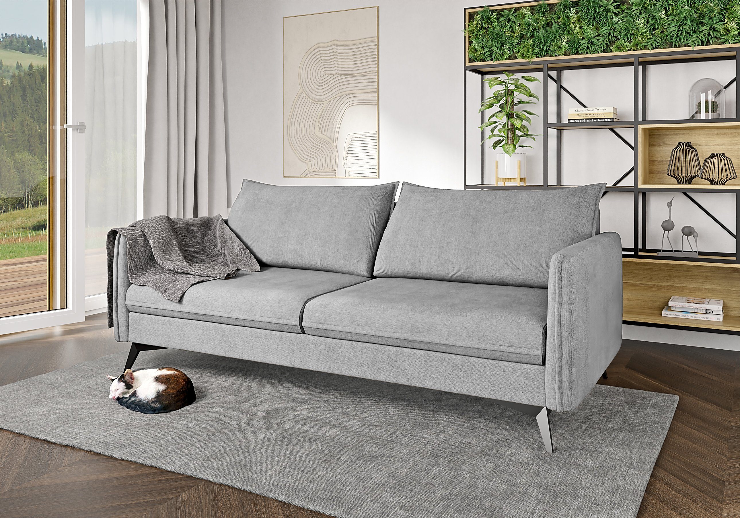 S-Style Möbel 3-Sitzer Modernes Sofa Azalea mit Schwarz Metall Füßen, mit Wellenfederung Silber