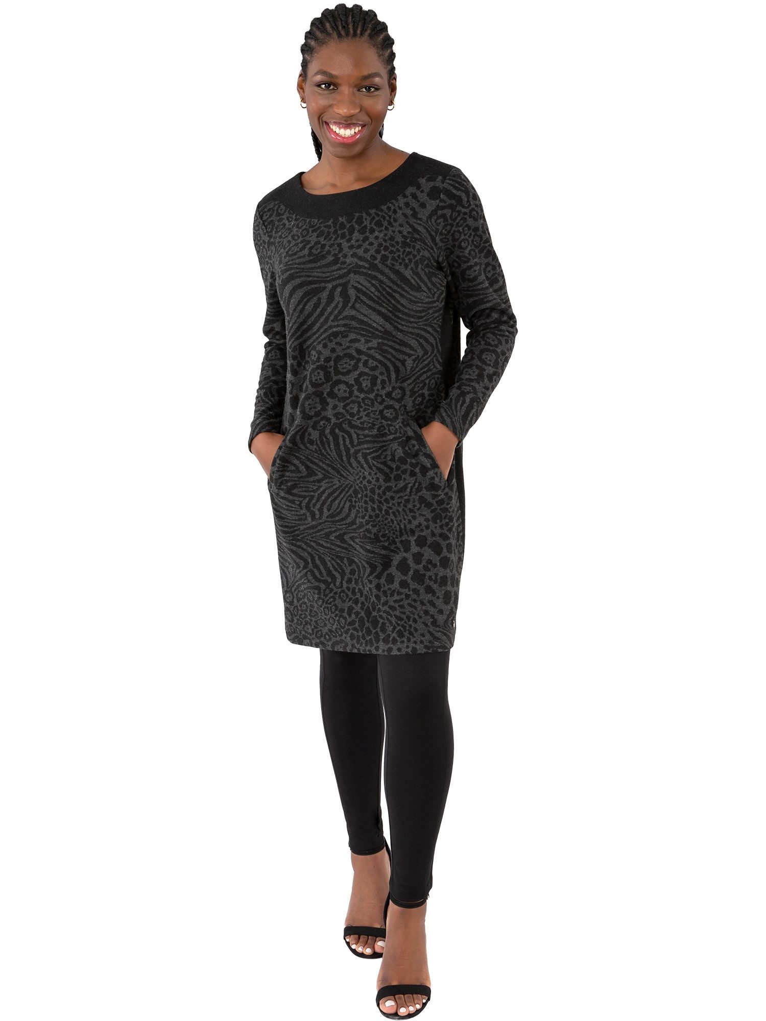 Gio Milano Midikleid G31-5603, im Animallook und schwarzer Blende seitliche Galonstreifen und 2 Eingrifftaschen