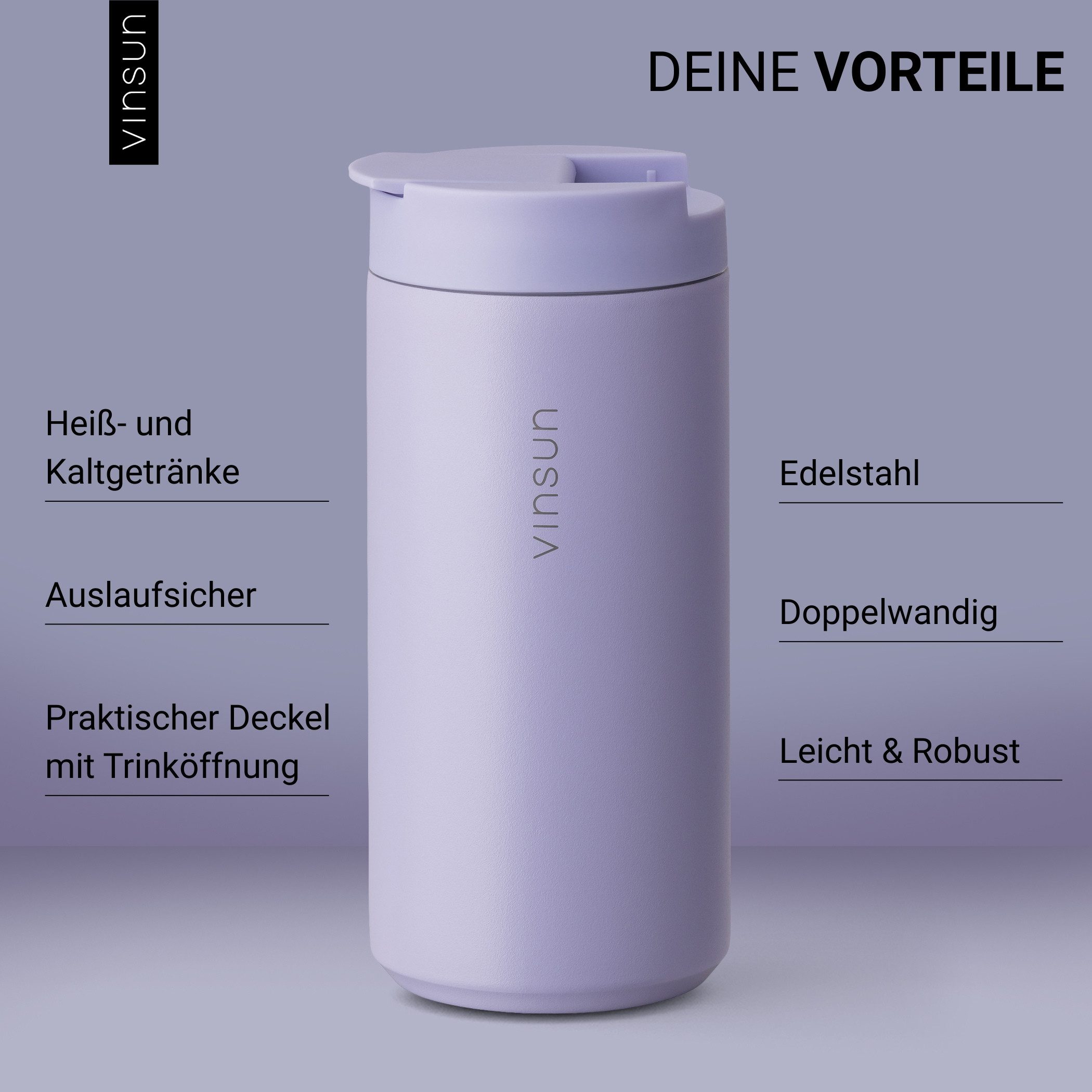 Vinsun Thermobecher Edelstahl Isolierbecher 350ml - Kaffeebecher doppelwandig isoliert, 2-tlg., Edelstahl, BPA frei, auslaufsicher, bruchfest, Kalt- und Heißget – Bild 2 von 5