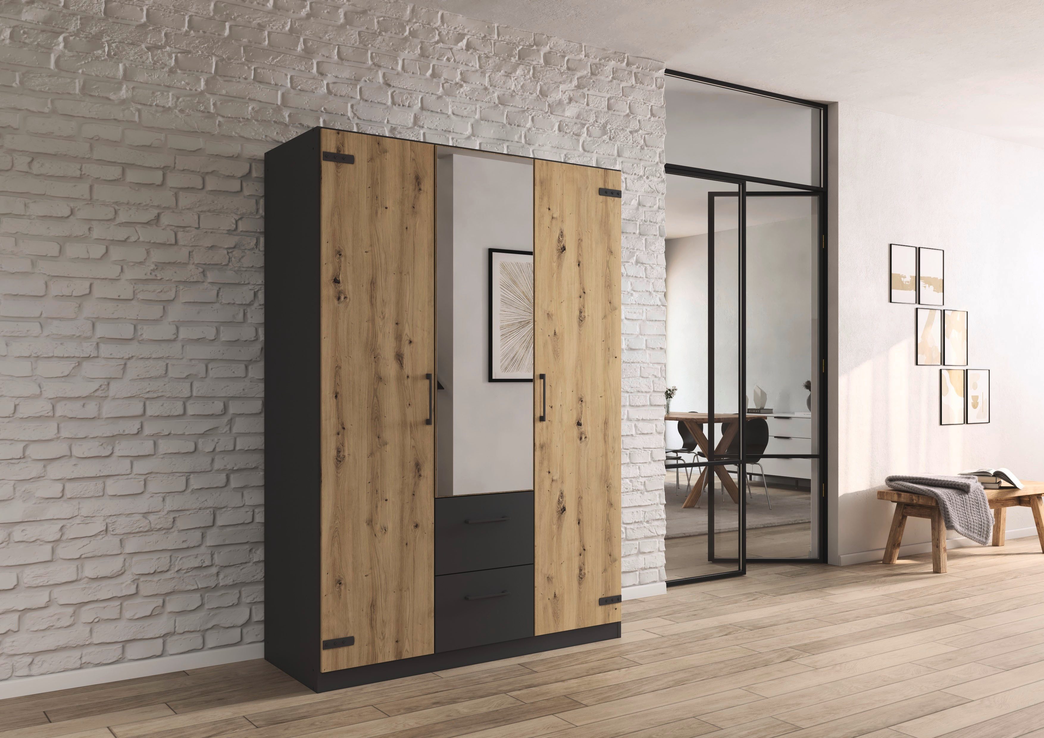 rauch Drehtürenschrank Holmes im Industrial Style, mit Schubkästen, mit oder ohne Spiegel