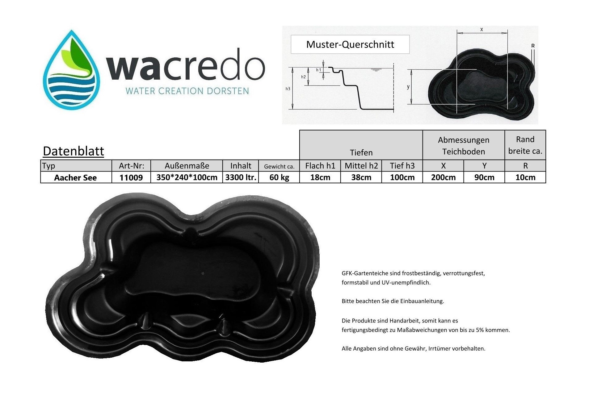 Wacredo Fertigteich GFK Teichbecken Aacher See, BxLxH: 240x350x100 cm, 3300 l, Nierenbecken, Teichbecken, klassisch