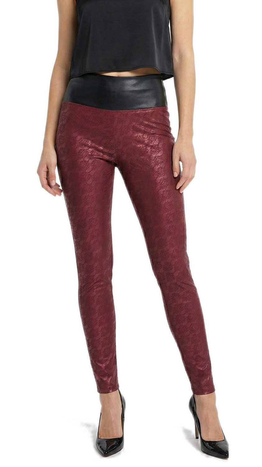dy_mode Highwaist Leggings Damen Leggings Kunstleder-Optik Extravagante High Waist Leggins High Waist, Spitze-Druck-Muster