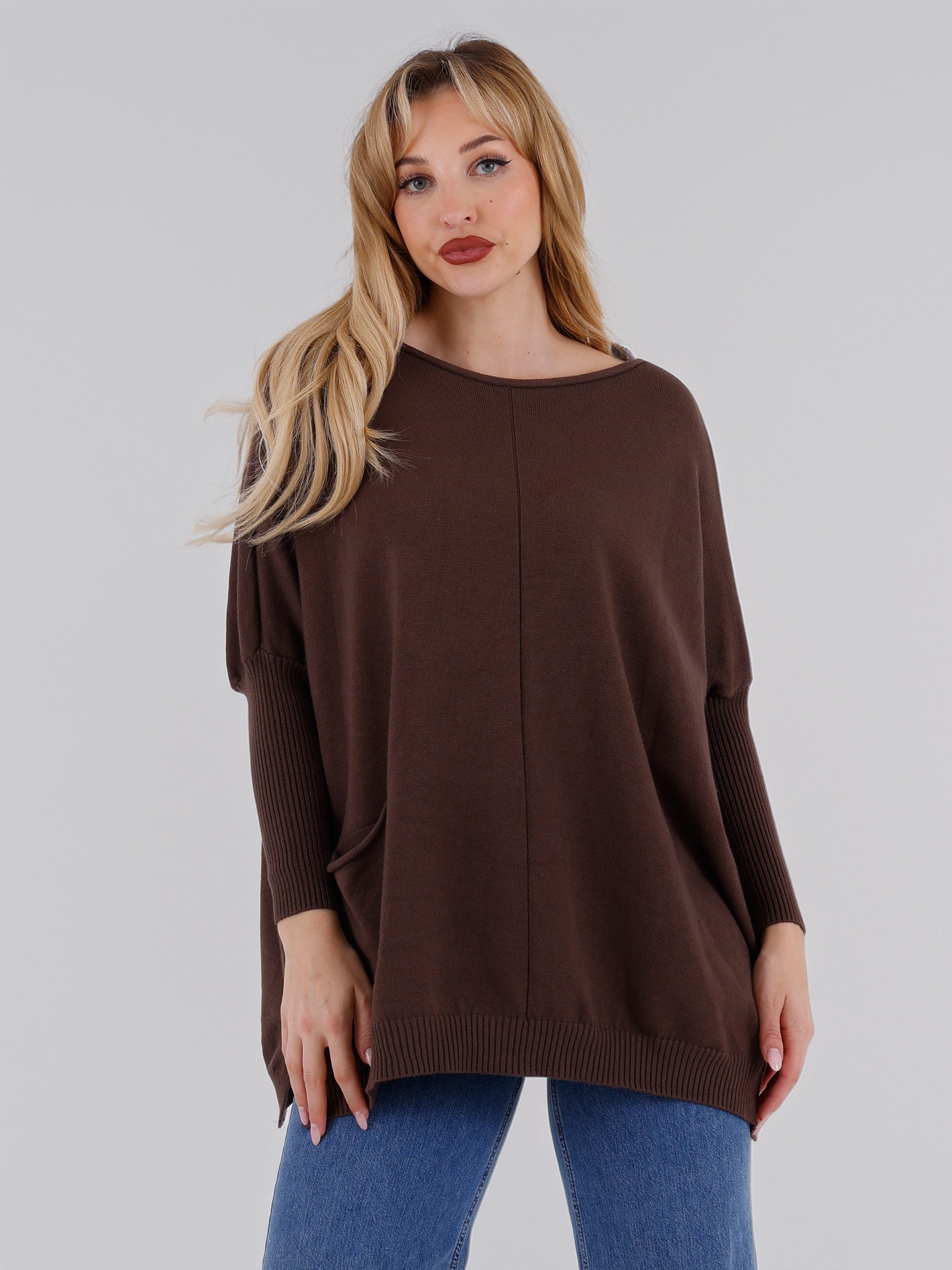 Longpullover Oversized Strickpullover mit Taschen – One Size (34-42)