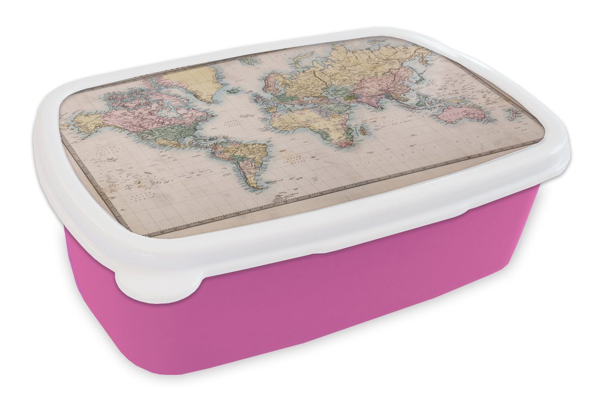 MuchoWow Lunchbox Weltkarte - Vintage - Welt - Kinder - Jungen - Mädchen, Kunststoff, (2-tlg), Brotbox für Erwachsene, Brotdose Kinder, Snackbox, Mädchen, Kunststoff rosa