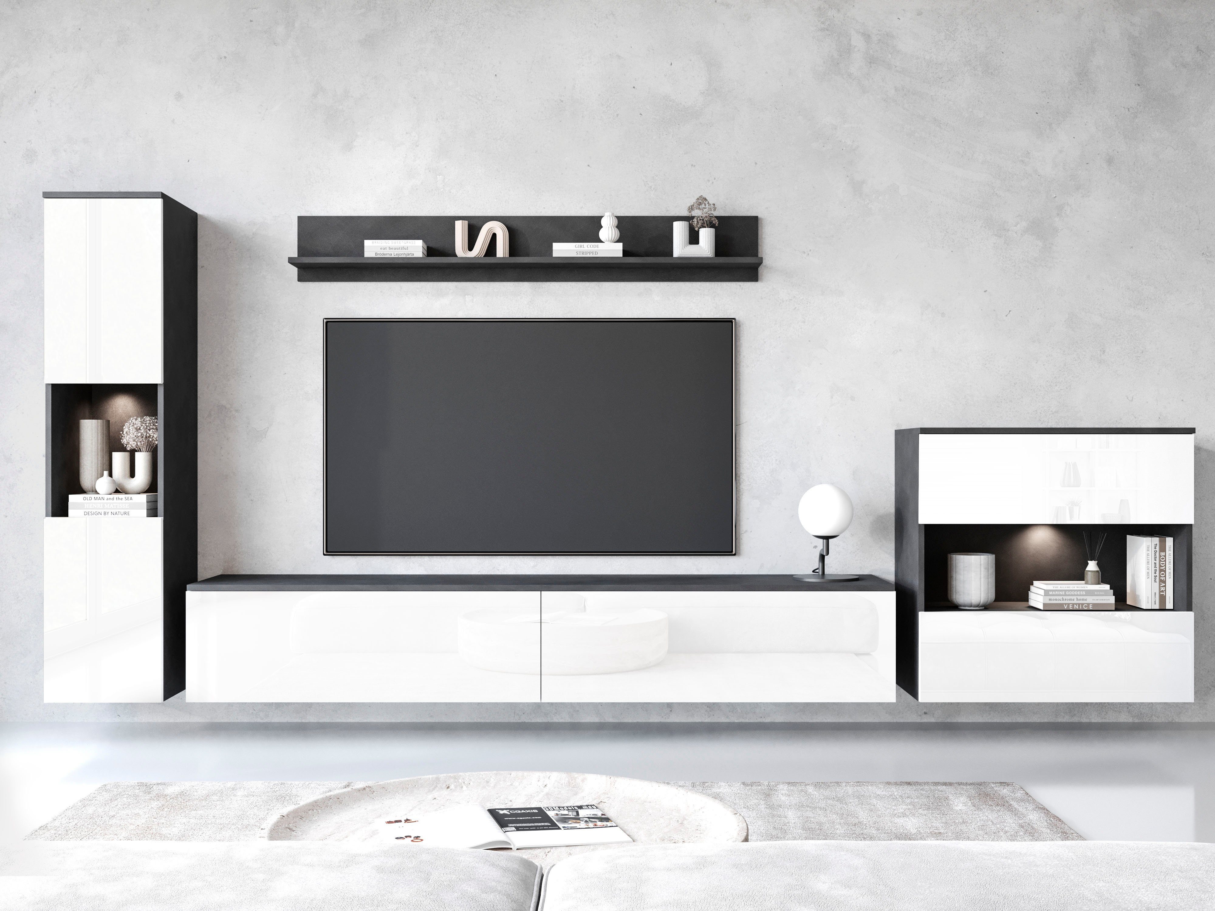 INOSIGN Wohnwand PARIS, Vitrine Türanschlag links/rechts wechselbar, (Komplett-Set, 4-St), grifflose Design, stehend und hängend montierbar