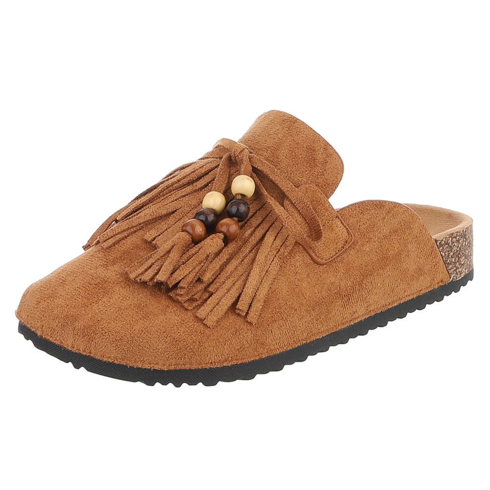 Ital-Design Damen Clog mit Fransen und Perlen, Schlupfschuh Pantolette (91742360) Flach Pantoletten in Camel