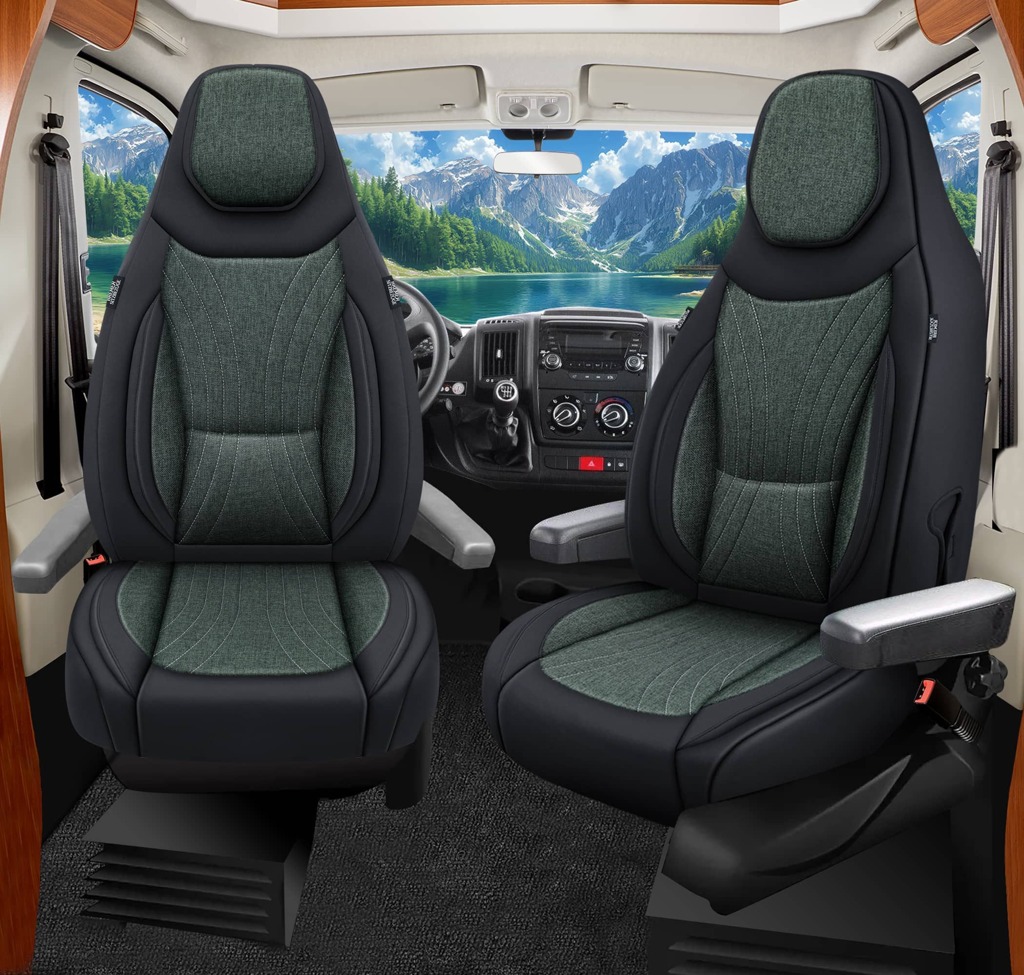 BREMER SITZBEZÜGE Autositzbezug für für Bürstner Campeo (C13), Set, Schonbezüge Sitzbezüge Fahrer und Beifahrer, in Schwarz/Olivgrün