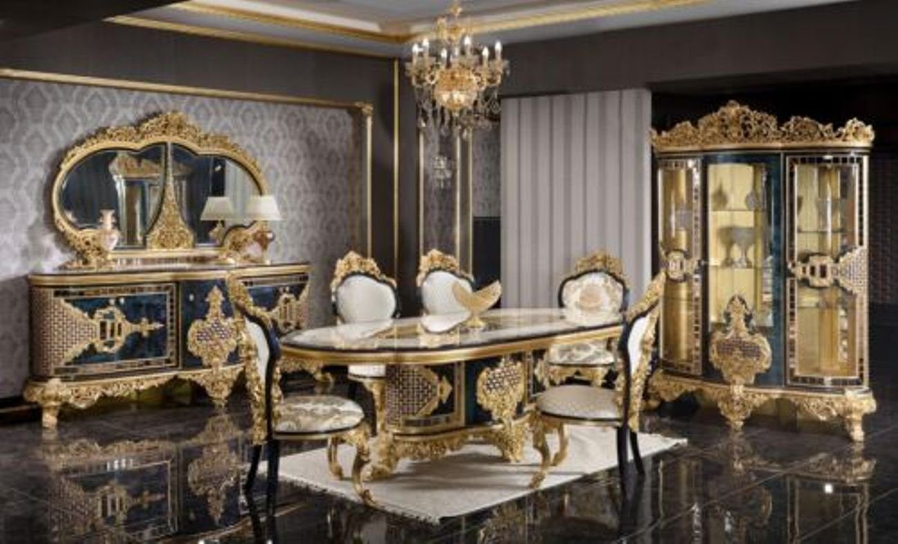 JVmoebel Esszimmer-Set Schwarz-Goldener Esszimmer Set Luxus Garnitur Kommode Esstisch, (9-St., 1x Esstisch + 6х Stühle + 1x Kommode + 1x Spiegel), Made in Europa